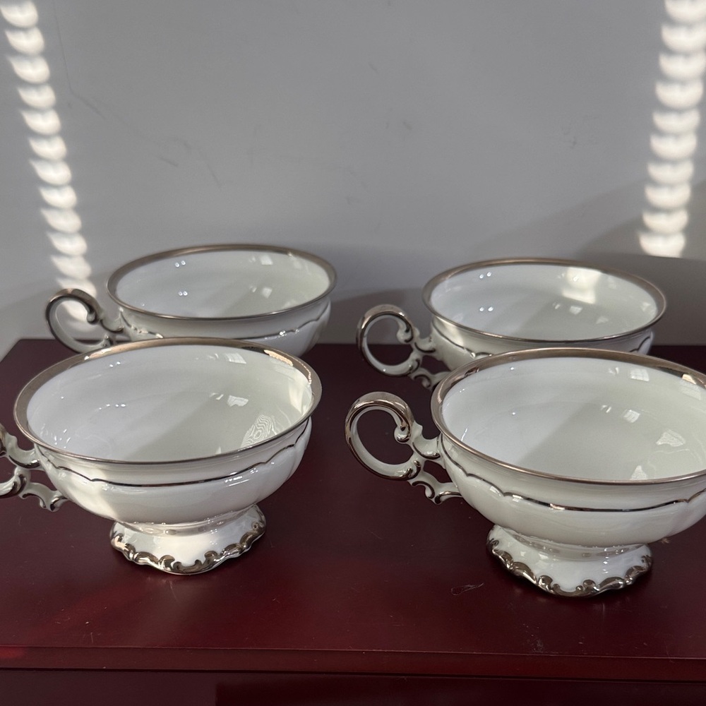 Vintage Hutschenreuther Sylvia Revere Platinum Trim Footed Teacup Set of 4